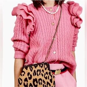 Demylee X Clare V. Nora Pink Ruffle Wool Mohair Blend Fisherman Knit Cardigan XS